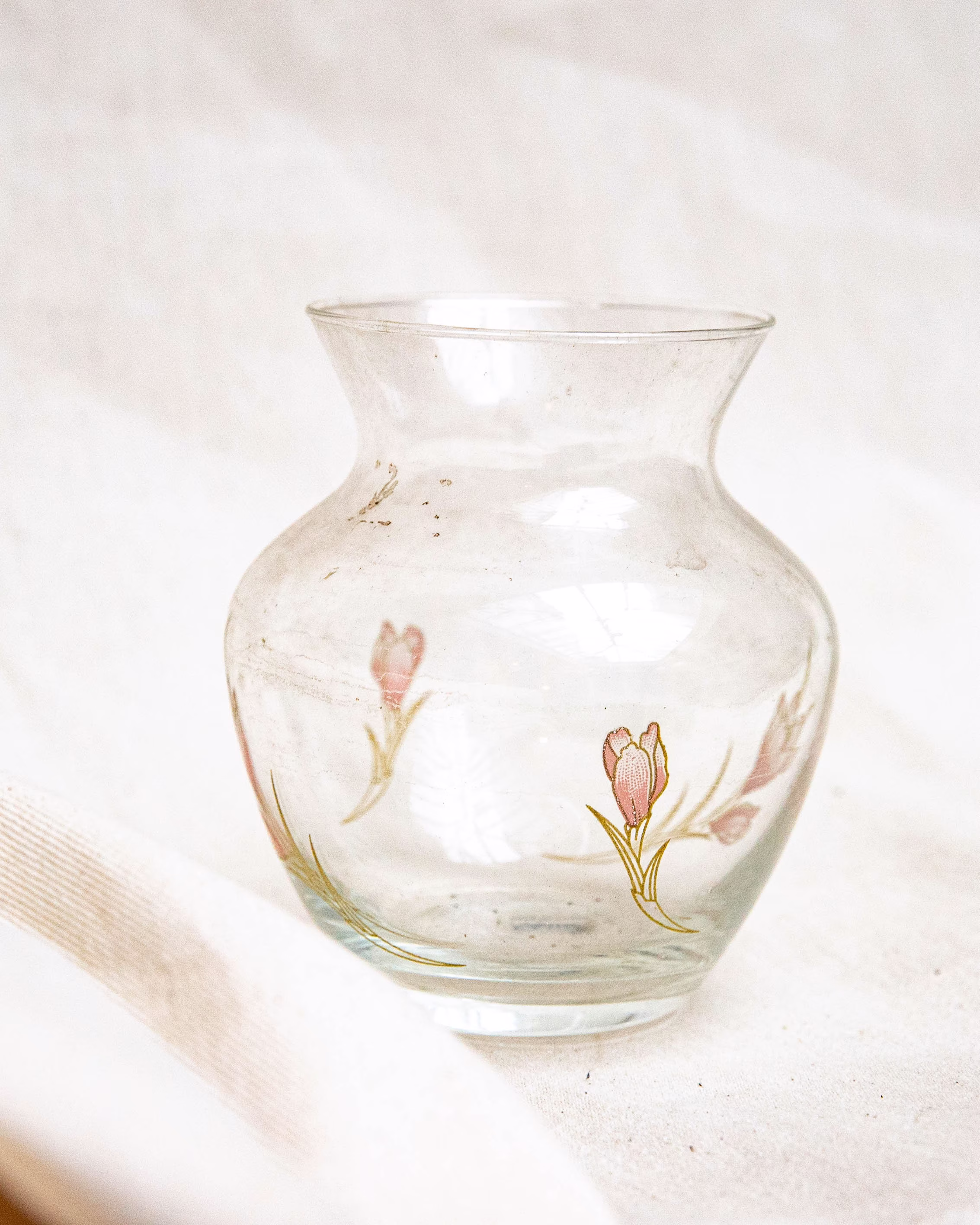 Small Vintage Low Glass Vase With Pink Tulip Design