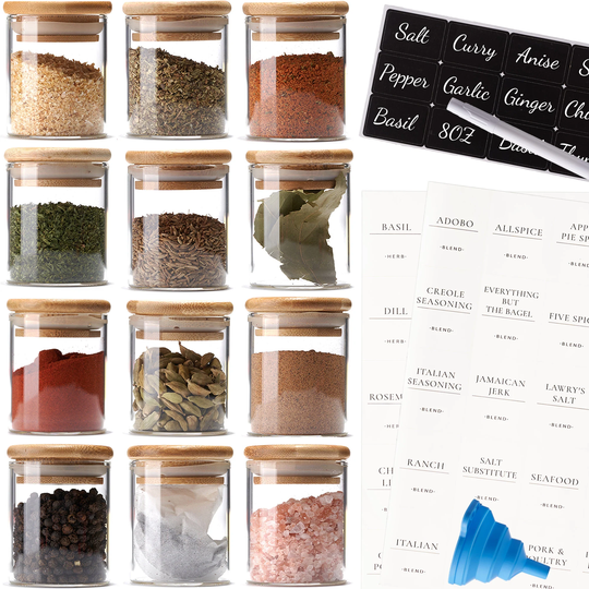 Set Of 12 Minimalistic Spice Jars With Bamboo Lid & Preprinted Labels