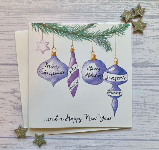 Pack Christmas Cards. Beautiful Watercolour Image Of Baubles, Ornaments, & Seasonal Greeting On Them Luxury Cards