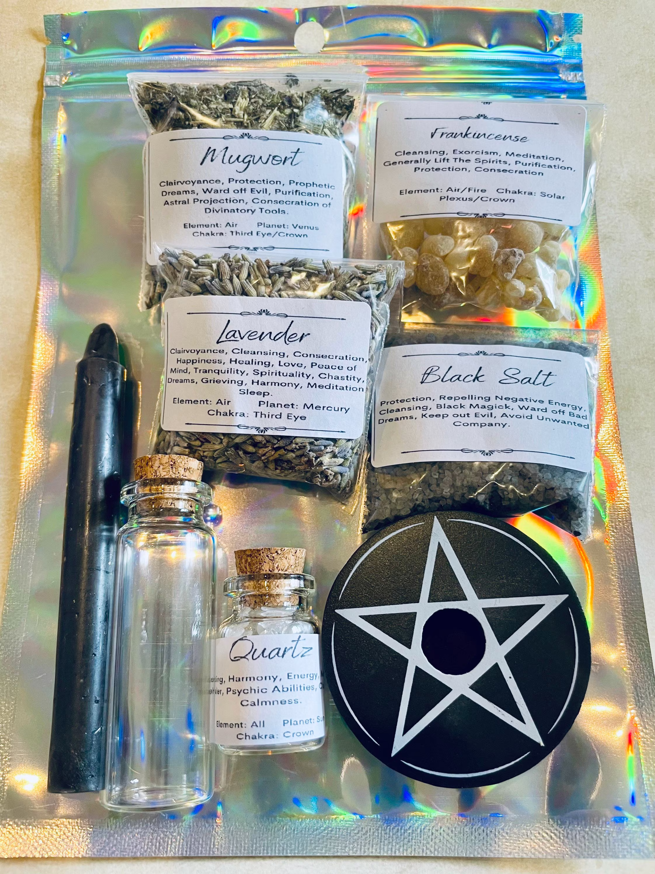 Protection Spell Bottle Making Kit | Black Salt Pagan Witchcraft Wiccan Quartz Crystal Herbs