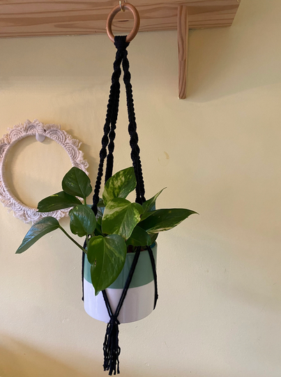 Short Black Macrame Plant Hanger, Boho Home Decor, Indoor Pot Holder, Eco Friendly, Gift For Lover