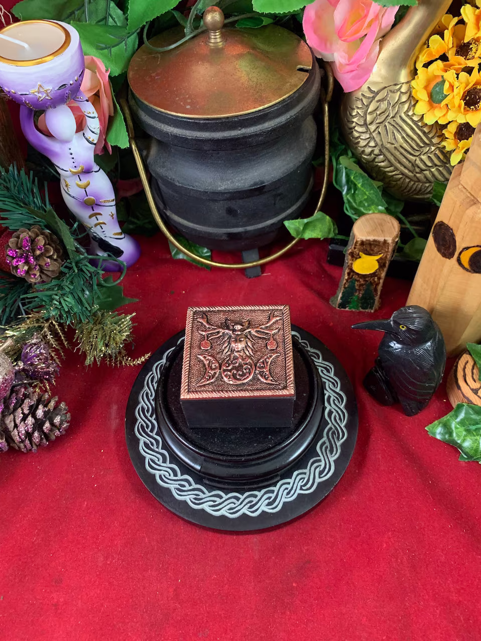 Beautiful, Bronze Metal Trinket Box/Offering Box, Antlered Goddess W/Animal Head Dress, Ornate Triple Moon, Magnetic Closure, Excellent