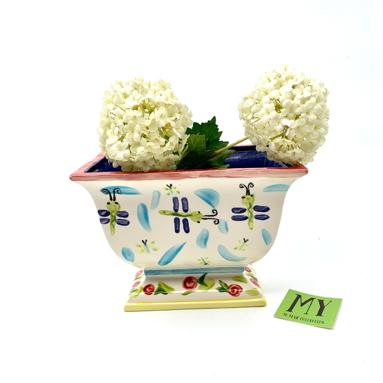 Beautifull Art Potter Footed Planter Hand Painted Dragonfly Blue Pink Green Yellow Shabby Chic Decor My40Yearcollection