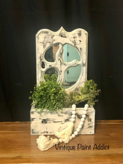 Wooden Planter, Wall Hanging 4 Small Mirrors, Chalk Painted in A Farmhouse Style, Faux Chippy Finish, Home Decor, Gallery Art