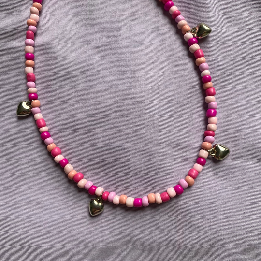 Pink Heart Charm Seed Bead Necklace