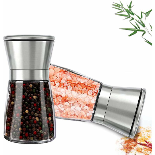 Denuotop - Salt and Pepper Mill - Premium Stainless Steel Salt and Pepper Mill, Adjustable Size Refillable - Salt and Pepper Mill (6 oz, 2 Pack)