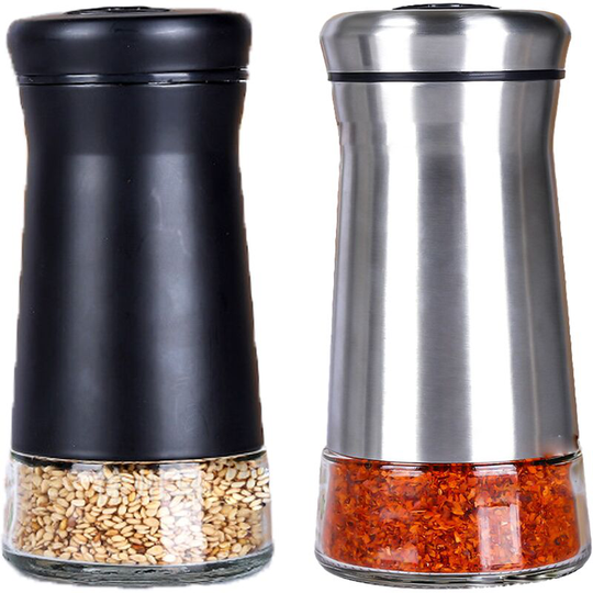 Fvbjd - Salt and Pepper Shakers set - Spice Dispenser with Adjustable Pour Holes - Stainless Steel & Glass Tapered + Tapered Black