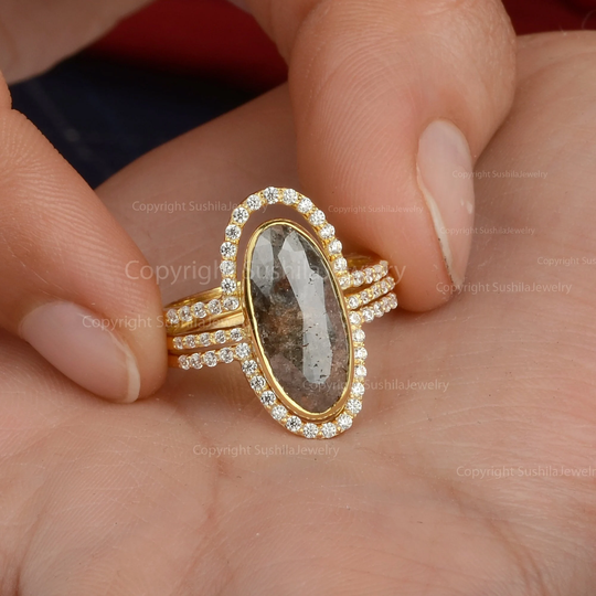 Big Oval Salt & Pepper Diamond Engagement Ring Set Solid 14K Yellow Gold Unique Three Wedding Jewelry Certified