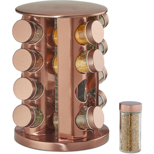 Relaxdays - Spice Rack, 16 Glass Jars, Rotatable, Metal, h x d: approx. 28 x 22 cm, Copper