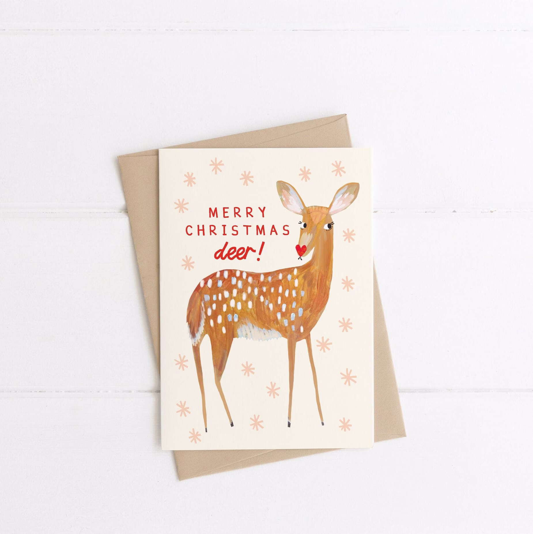 Merry Christmas Deer Card | Pretty Pink Xmas Seasons Greeting Eco-Friendly Recycled Hand Painted