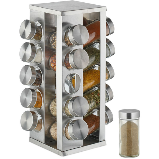 Spice Rack, 20 Glass Jars, Rotatable, Stainless Steel, h x d: approx. 33 x 20 cm, Silver - Relaxdays