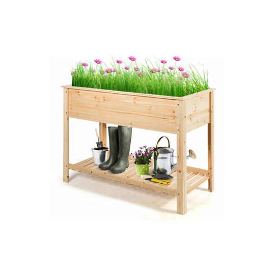 Wooden Garden Planter Raised Bed Container Stand with Storage Shelf