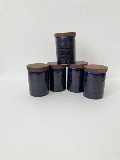 Rare Hornsea Hairloom Blue Kitchen Pots, Set Of 5 Herb Pots