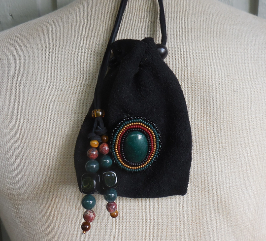 Beaded Green Jade Black Leather Rasta Medicine Bag Pouch With Onyx Moss Agate Jasper Tigers Eye Gemstone Beads 12 X 9.5 cm. 4 7/8"X 3 7/8