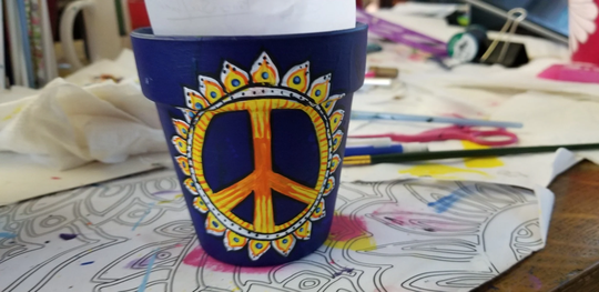 Hand Painted Terra Cotta Pot; Summer Of Love Collection - Nsv; Peace Sunflower