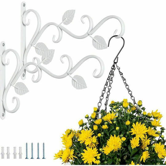 Set of 2 Tin Hooks for Hanging Wall Brackets 30cm Flower Pot Bird Feeder Retro Hanging Hooks Indoor Outdoor Garden Chime Lantern - White