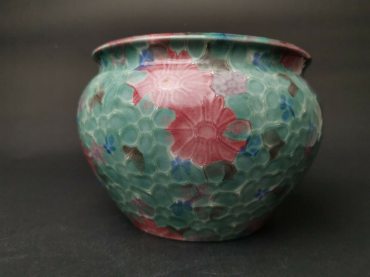 Vintage Ceramic Pottery Planter Plant Pot Pink Blue & Green With Flowers