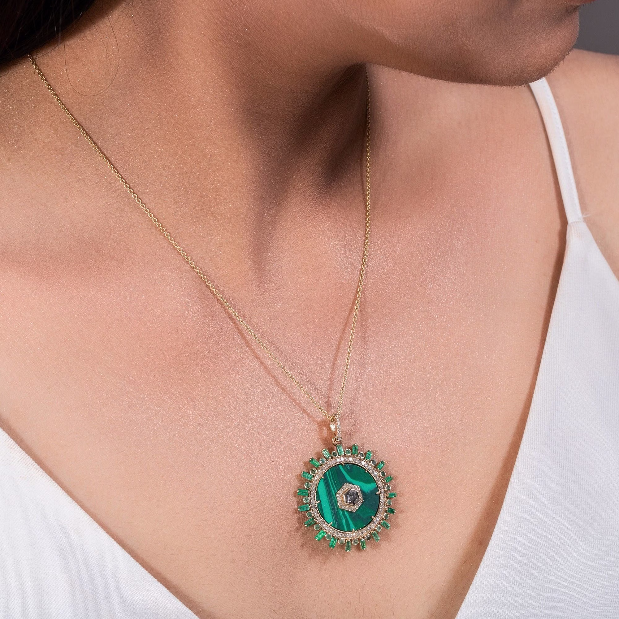 14K Gold Pendant/Malachite Pendant/Emerald Baguette/Salt Pepper Diamond/Round Pendant/Handmade Pendant/Fine Jewelry For Gift/21st Birthday