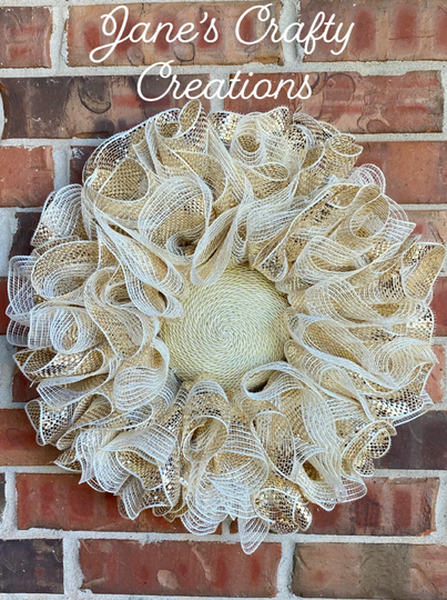 Wreath, Front Door Hanger, Everyday All Season Farmhouse Country Mesh Neutral Wreath