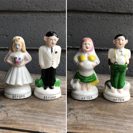 Man/Woman /Couple Before/After Marriage Ceramic Salt & Pepper Shakers-Japan - Wedding Gift -Boho/Eclectic/Whimsical/Kitschy Kitchen Decor