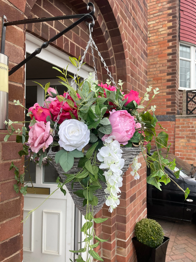 Pink & White Artificial Hanging Basket With Peonies, Hydrangeas, Roses Wisteria