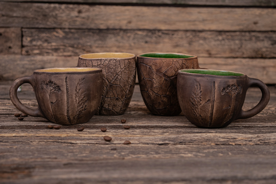 Set Of 4 Ceramic Botanical Mugs || Handmade Pottery Plant Mugs, Herbs Impressions Mug, Plant Imprints Leaf Nature Mug