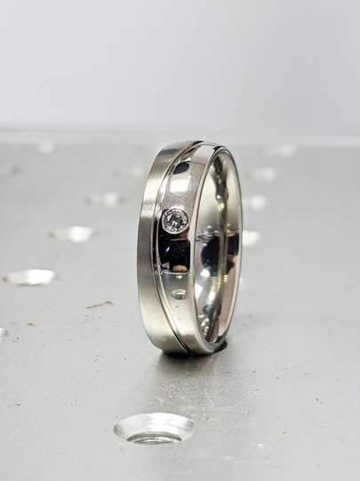 Raw Diamond Ring Salt & Pepper Curved Wedding Band Titanium Half Polished Brushed 6mm The Wave