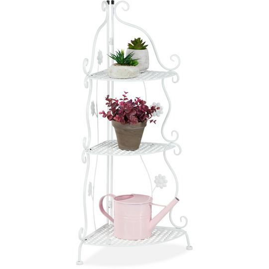 Relaxdays - Metal Plant Stand, 3 Tiers, Decorative Rack, Indoor & Outdoor, HxWxD: 82.5 x 31 x 31 cm, Corner Shelf, White