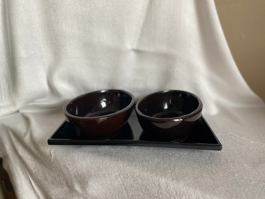 Upcycled Dark Brown Ceramic Planter, Small Plant Pot With Drainage Hole & Black Plastic Dish