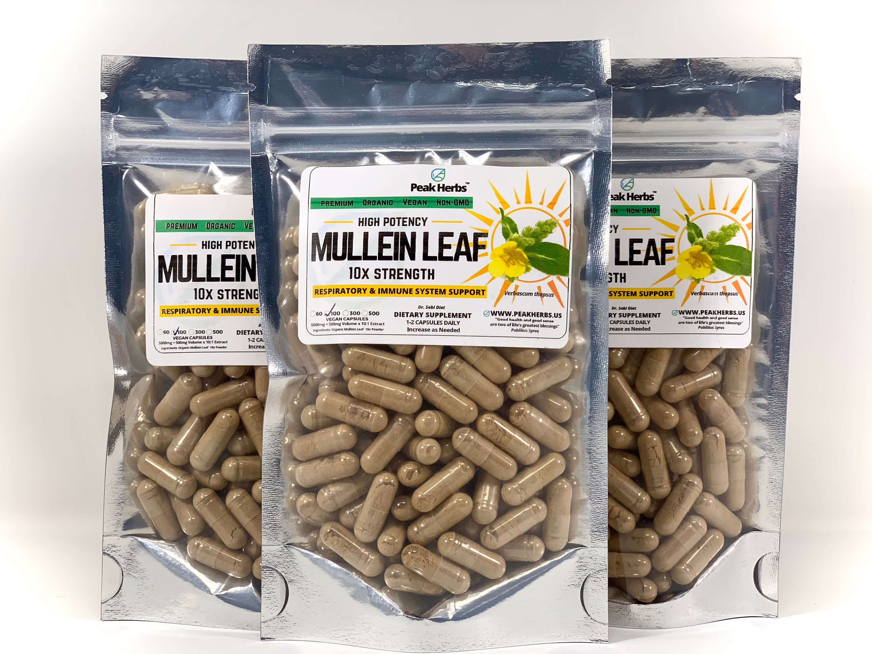 Mullein Leaf Capsules - 10x Extract 5, 000Mg Equivalent Dr. Sebi Diet Respiratory/Lungs All Natural, Non-Gmo, Vegetarian Peak Herbs