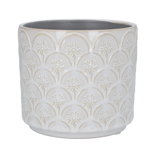 Cream Plant Pot Cover - White Flower Pattern Planter Glazed Ceramic Holder Geometric Arc Indoor House