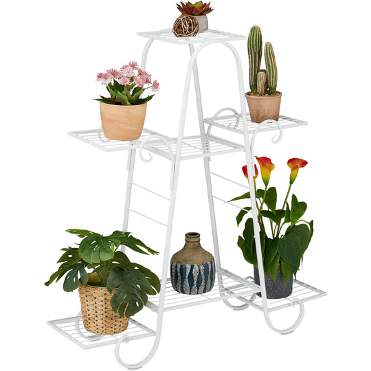 Relaxdays - Plant Stand Metal, for 7 Potted Plants, Flower Rack Indoor, Outdoor, HxWxD 83 x 75 x 24 cm, Tiered, White