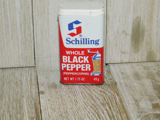 Vintage Schillings Black Pepper Tin Can, Seasoning, Empty, Vtg Spice Kitchen, Daysgonebytreasures Dc
