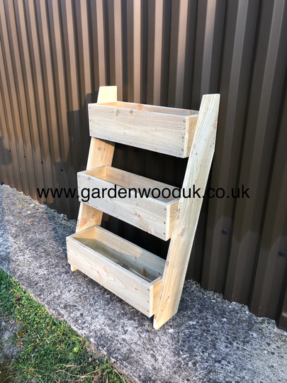 Rustic Wooden 3 Tiered Garden Herb Planter 600mm Wide. Freestanding Leaning Ladder Planter. Multi-Level Step Vertical Planter