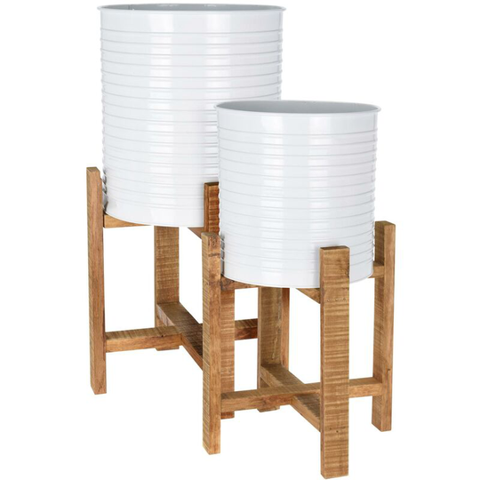 White Plant Pot Pair 2 Metal Wooden Planter Stand Large Indoor Plants Home D?or - 3000500 - White - Idooka