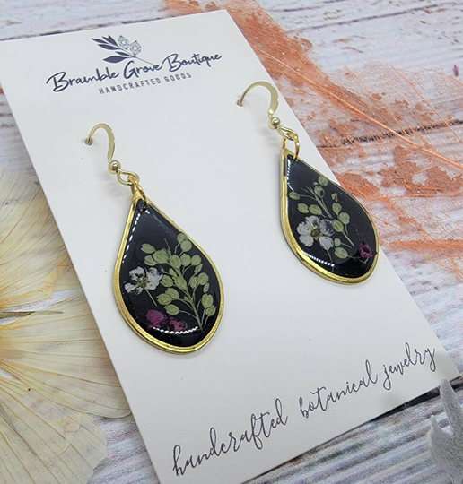 Handmade Woodland Black Botanical Earrings | Cottagecore Jewelry Flower Plant Inspired Accessories