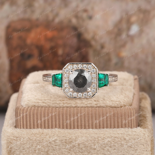Round Cut 6mm Salt & Pepper Moissanite Wedding Ring/Vintage Bridal Ring/Solid Gold Ring/Art Deco Engagement Ring/Half Eternity Women Ring
