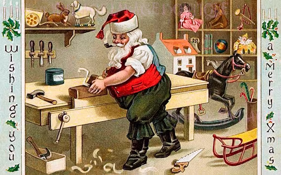 Antique Illustration Of Santa Claus Father Christmas At His Workbench Holiday Season Winter Solstice 5x7 Greeting Card