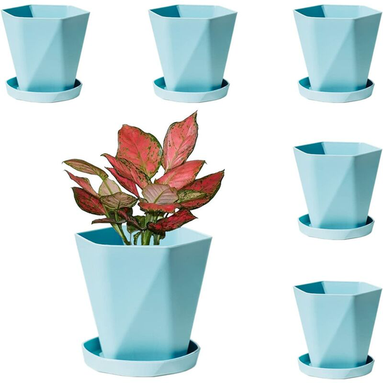 6PCS Plant Pots Indoor, 13CM Plastic Planter Pots with Saucer, Nursery Garden Pot with Drainage Hole and Tray for Flowers Herbs Succulents Cactus