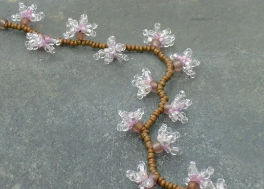 Magnolia Blossom Bracelet, Seed Bead Flower Bracelet Garland, in Pale Pink, Crystal, Bronze & Brown Czech Seed Beads, UK Seller