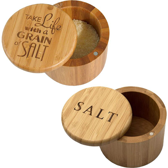 Bamboo Salt Box, Salt Container With Lid, Salt Shaker, Bowl with Magnetic Swivel Lid (2 pcs) Alphabet + Life