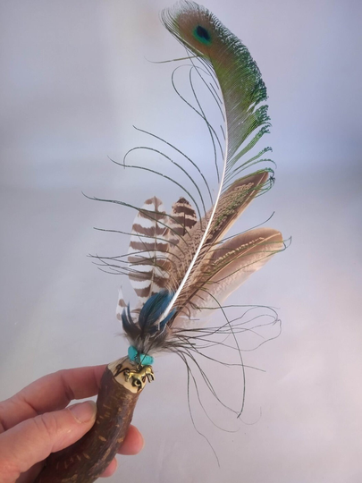 Ceremonial Smudge Fan Handcrafted With Cruelty Free Feathers | Naturally Molted & English Hazel Wood Handle For Rituals