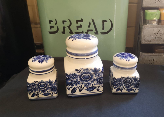 Vintage Set Of 3 Royal Delfts Blauw Japan Handwerk Storage Jars. Blue & White Ceramic Jars.vintage Spice Jars/Containers