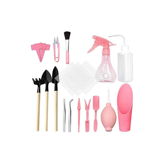 Mini Gardening Tools for Succulent Plants, Gardening Tool Kits, 16 Pieces Garden Planting Tools, Hand Tools for Plant Care (Pink)