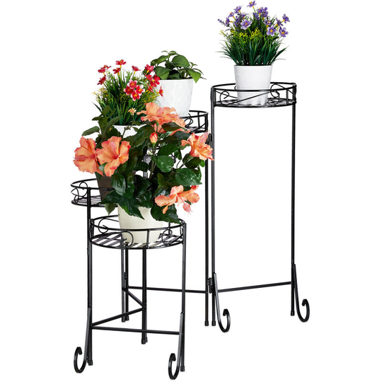 Relaxdays - Metal Flower Rack, 5-Tier, Round, In- and Outdoor Use, Vintage Plant Stand, Folding, hwd 65x125x23 cm, Black