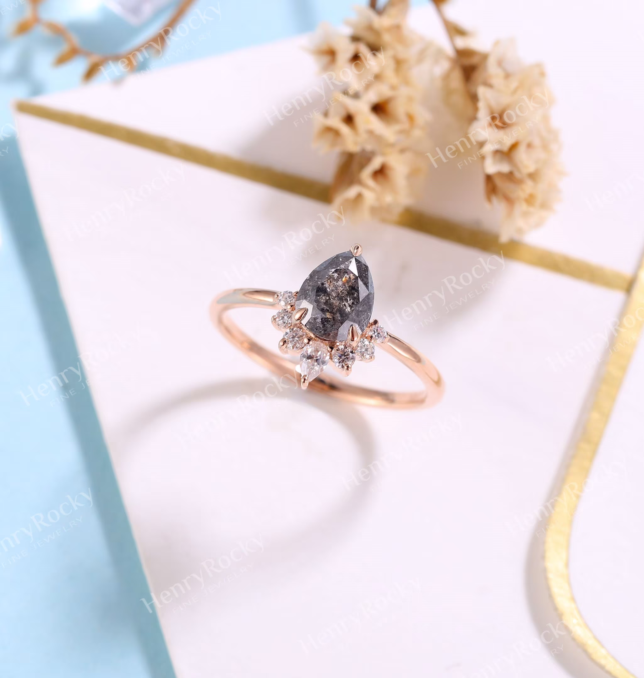 Vintage Salt & Pepper Diamond Engagement Ring Rose Moissanite Gold Ring Pear Shaped Bridal Art Deco Wedding Anniversary Promise
