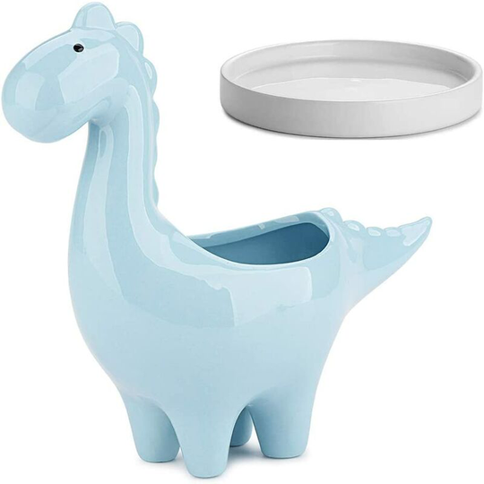 Succulent Pots with Drainage Tray 7 Inch Dinosaur Glazed White Ceramic Pot for Indoor Succulent Planters Cactus Decor, blue - Langray