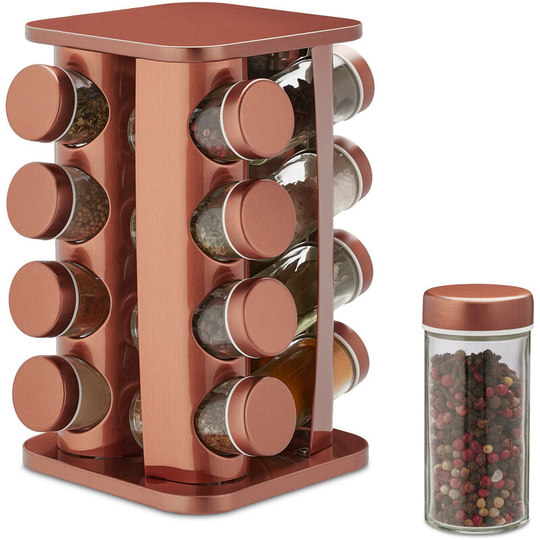 Spice Rack, 16 Glass Jars, Rotatable, Stainless Steel, h x w x d: approx. 28 x 20 x 20 cm, Copper - Relaxdays