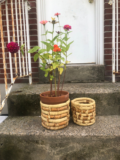 Set Of 2 Organic Vintage 1970S Hand Crafted Palm Leaf Rattan Wrapped, Woven Planter /Basket