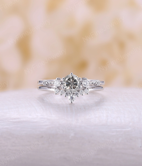 Salt & Pepper Diamond Engagement Ring Set White Gold Vintage Delicate Unique Diamond Curved Wedding Band Bridal Anniversary